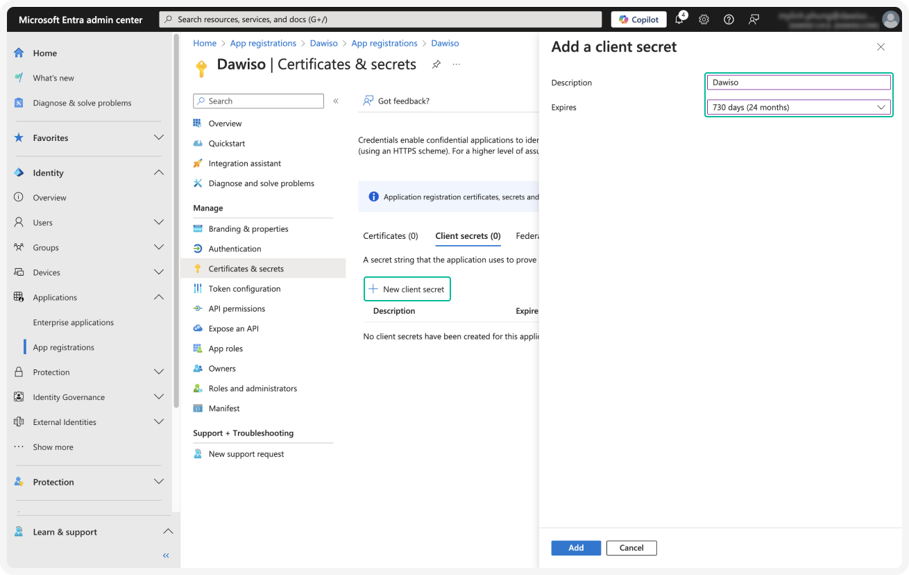 New client secret dialog with description and expiration fields