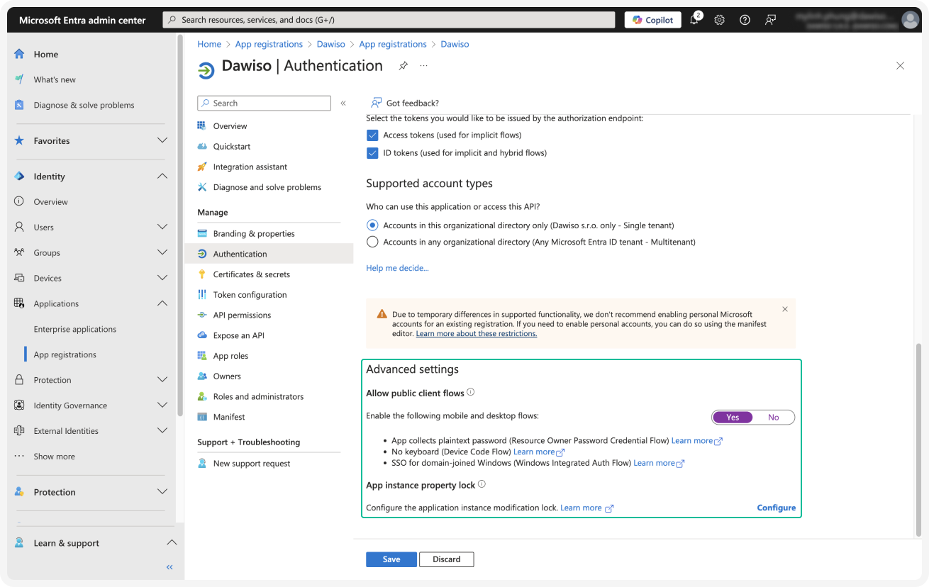 Advanced settings panel with Allow public client flows set to Yes
