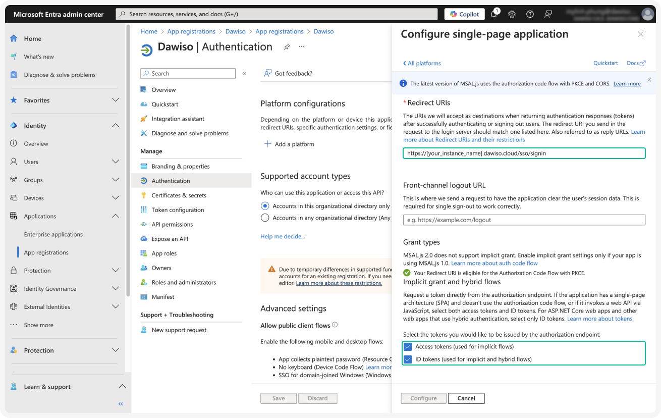Single-page application configuration with redirect URI and grant-type checkboxes