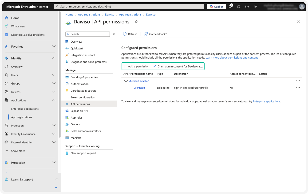 API Permissions page after granting admin consent