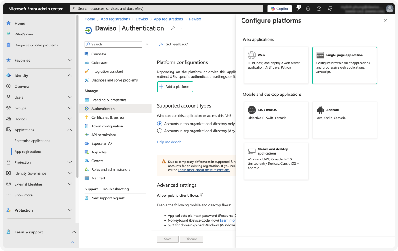 Choose Single-page application in the Configure platforms panel