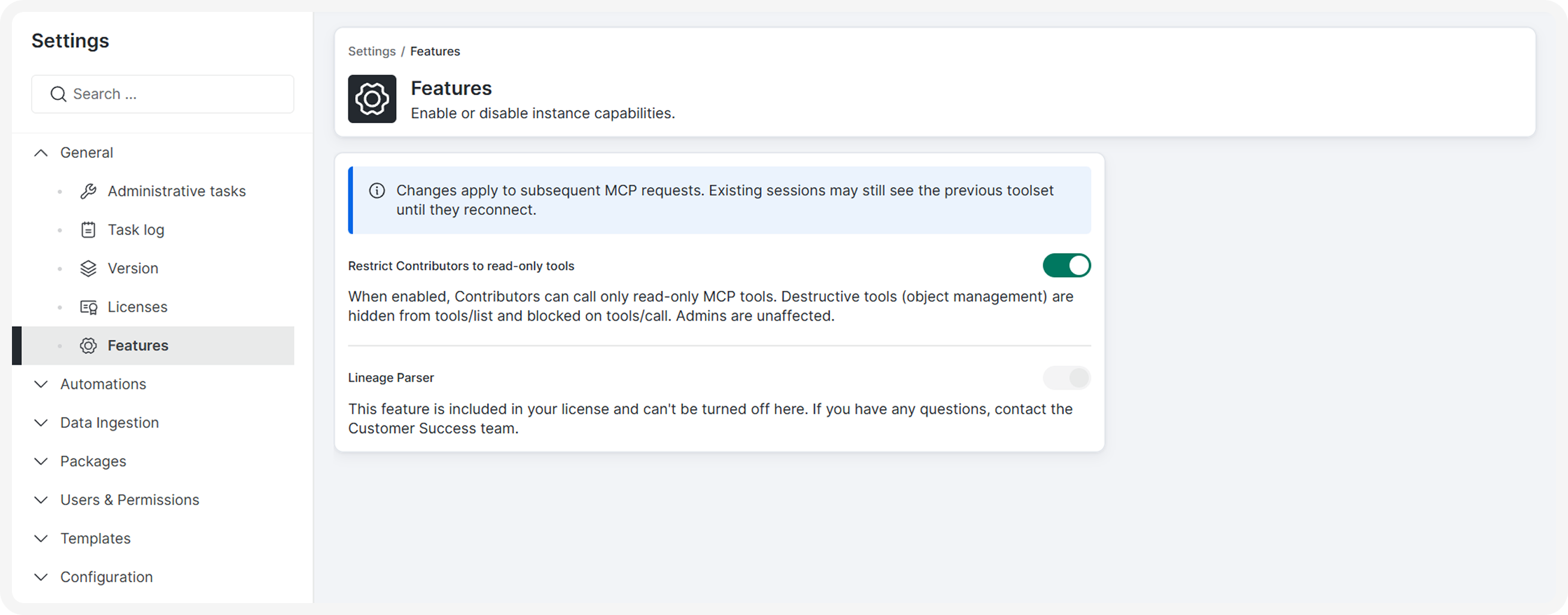 Features page in Settings