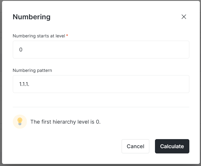 Numbering levels dialog