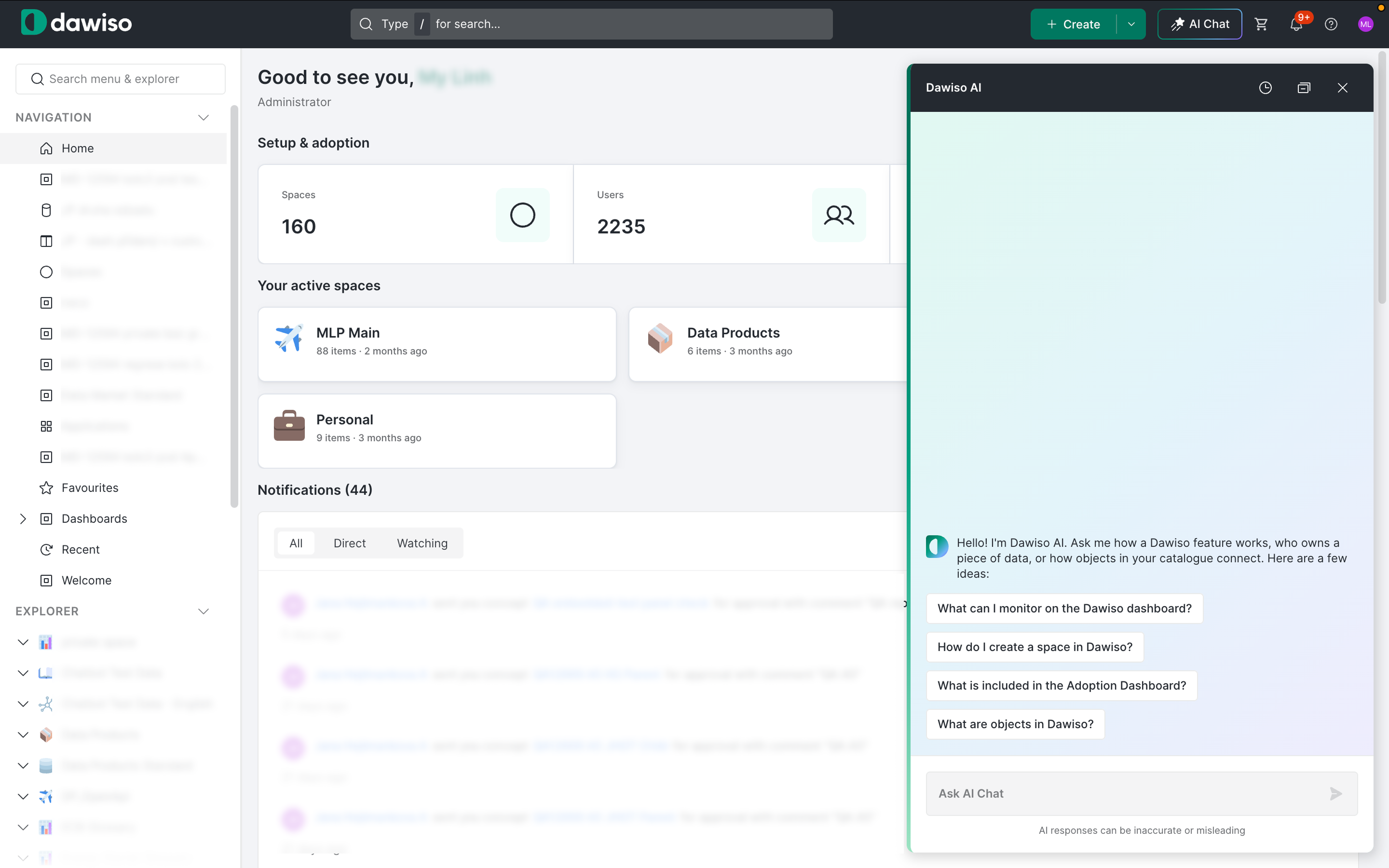 AI Chat panel open over the Dawiso dashboard, with suggested starter questions
