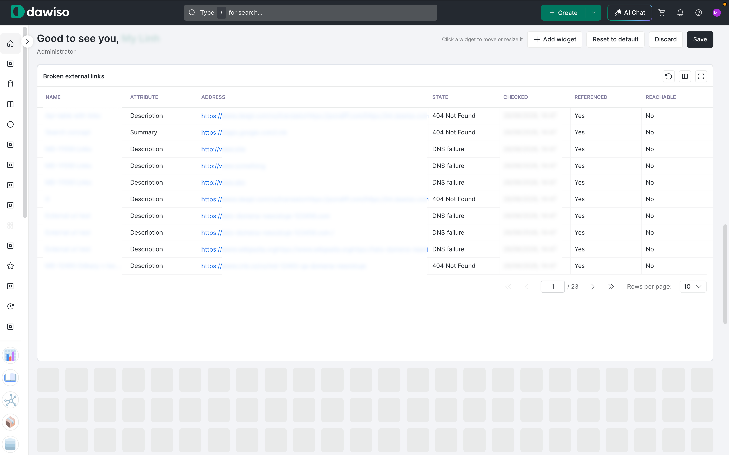 Broken external links widget listing addresses with their state, checked date, referenced, and reachable columns
