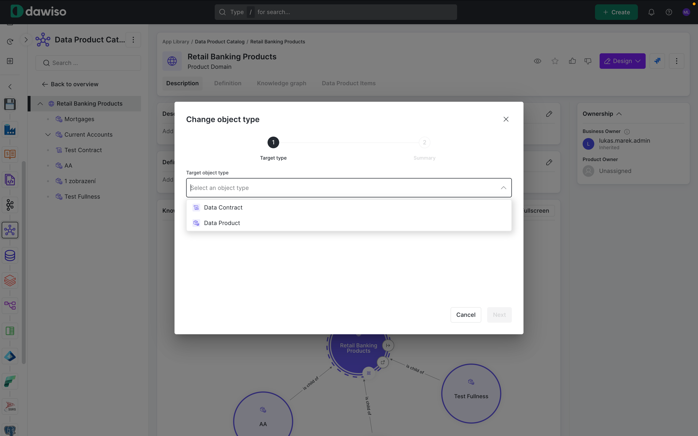 Change object type dialog with a Target object type dropdown listing the available types