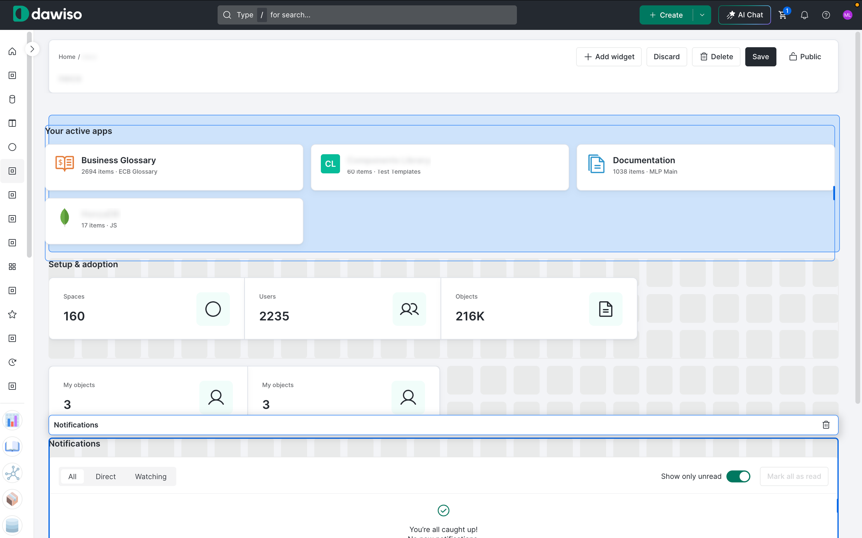 A dashboard open in Customize mode, with Add widget, Discard, Delete, and Save controls