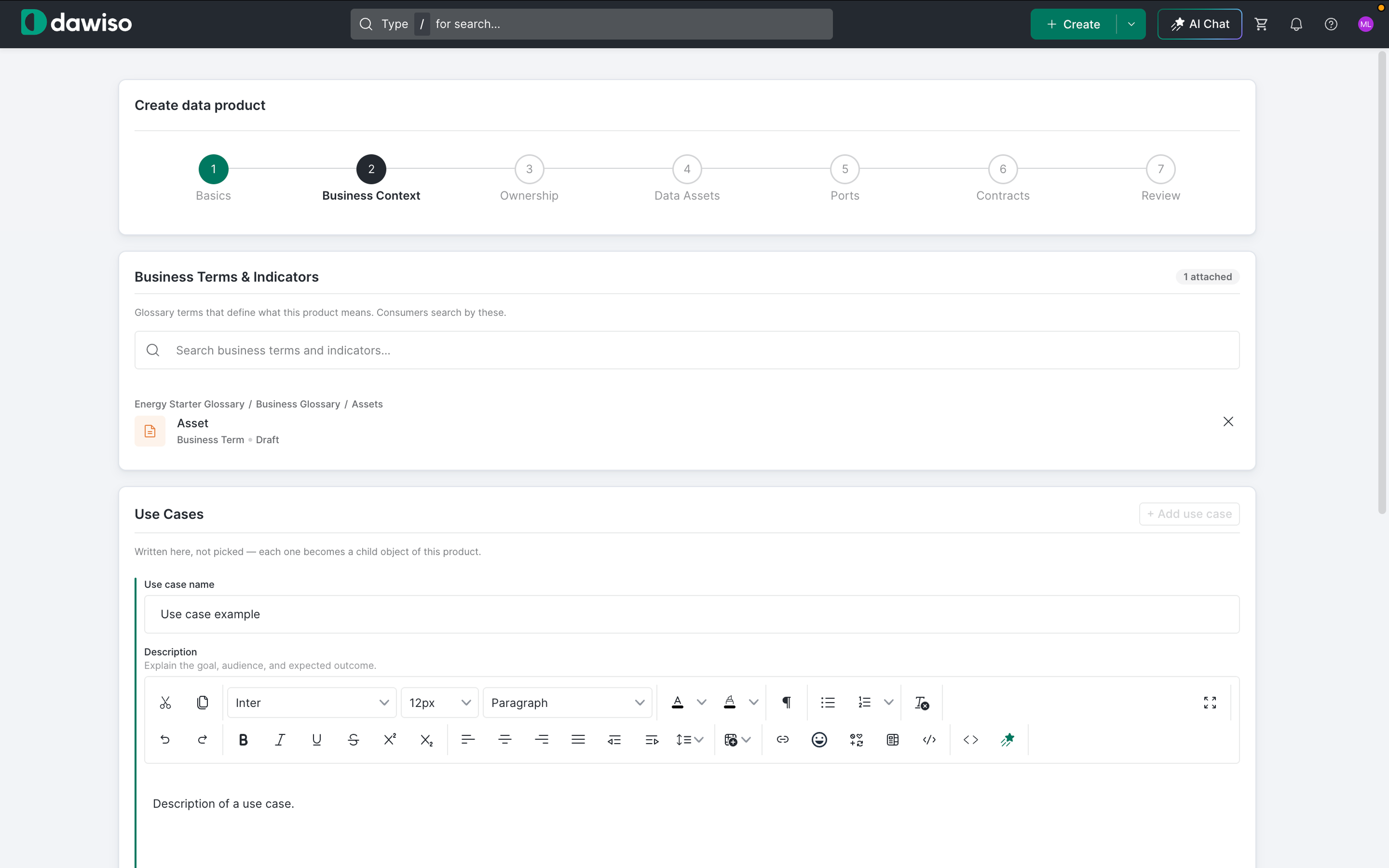 The Business Context step, with Business Terms & Indicators and Use Cases sections