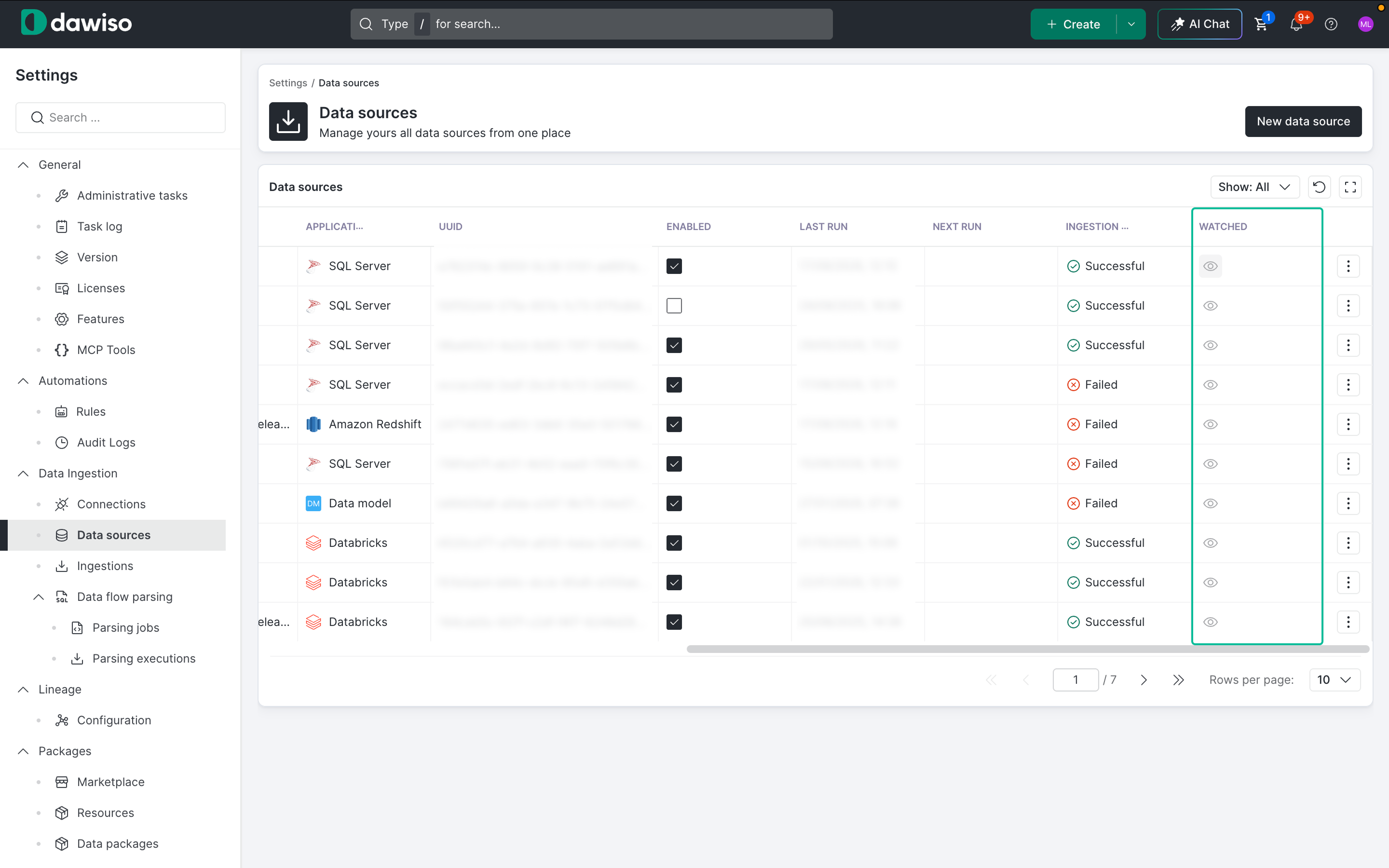 Data sources list with a Watched column of eye icons before the three-dot actions menu