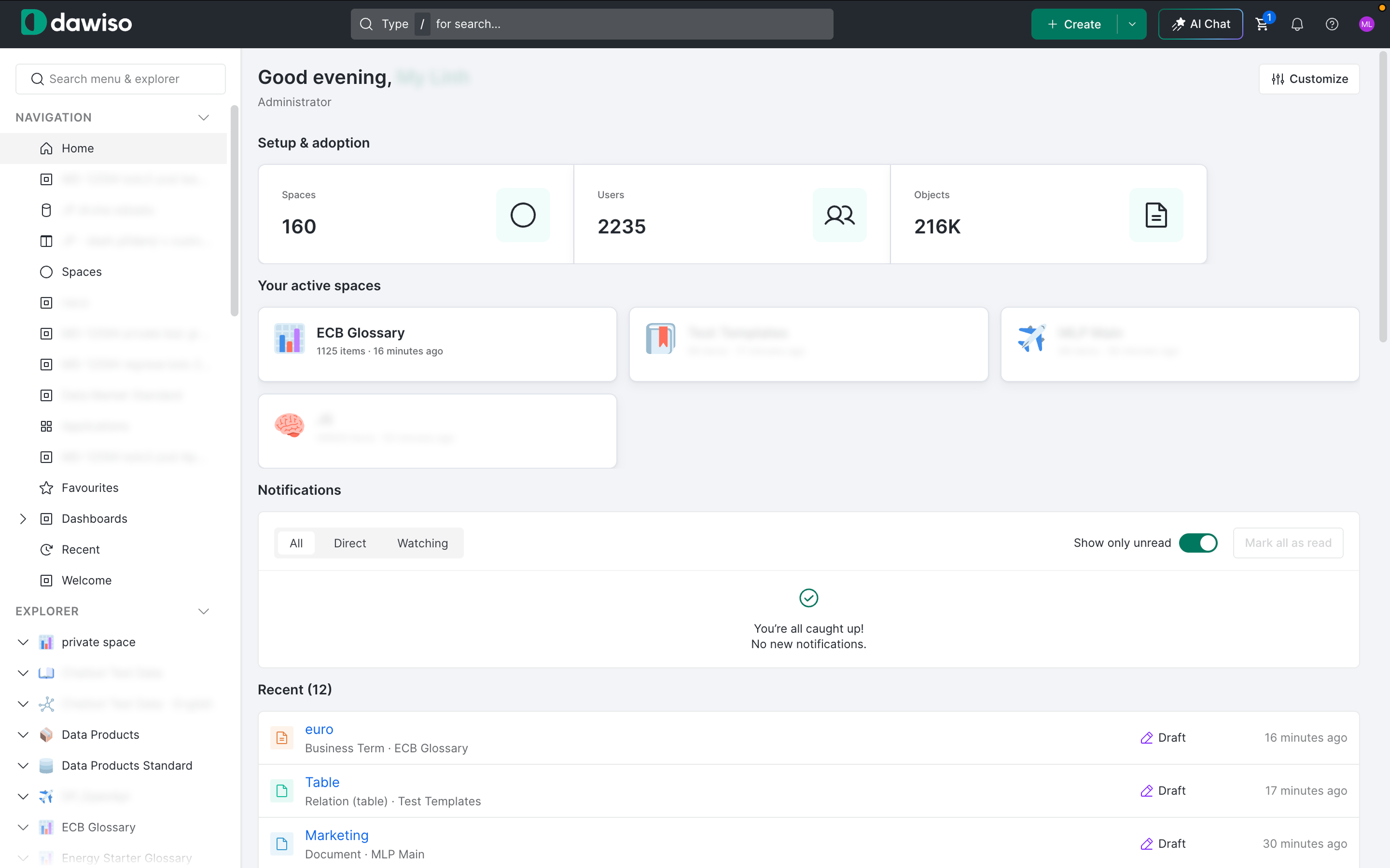 The Dawiso dashboard with the merged, thinner top navigation bar