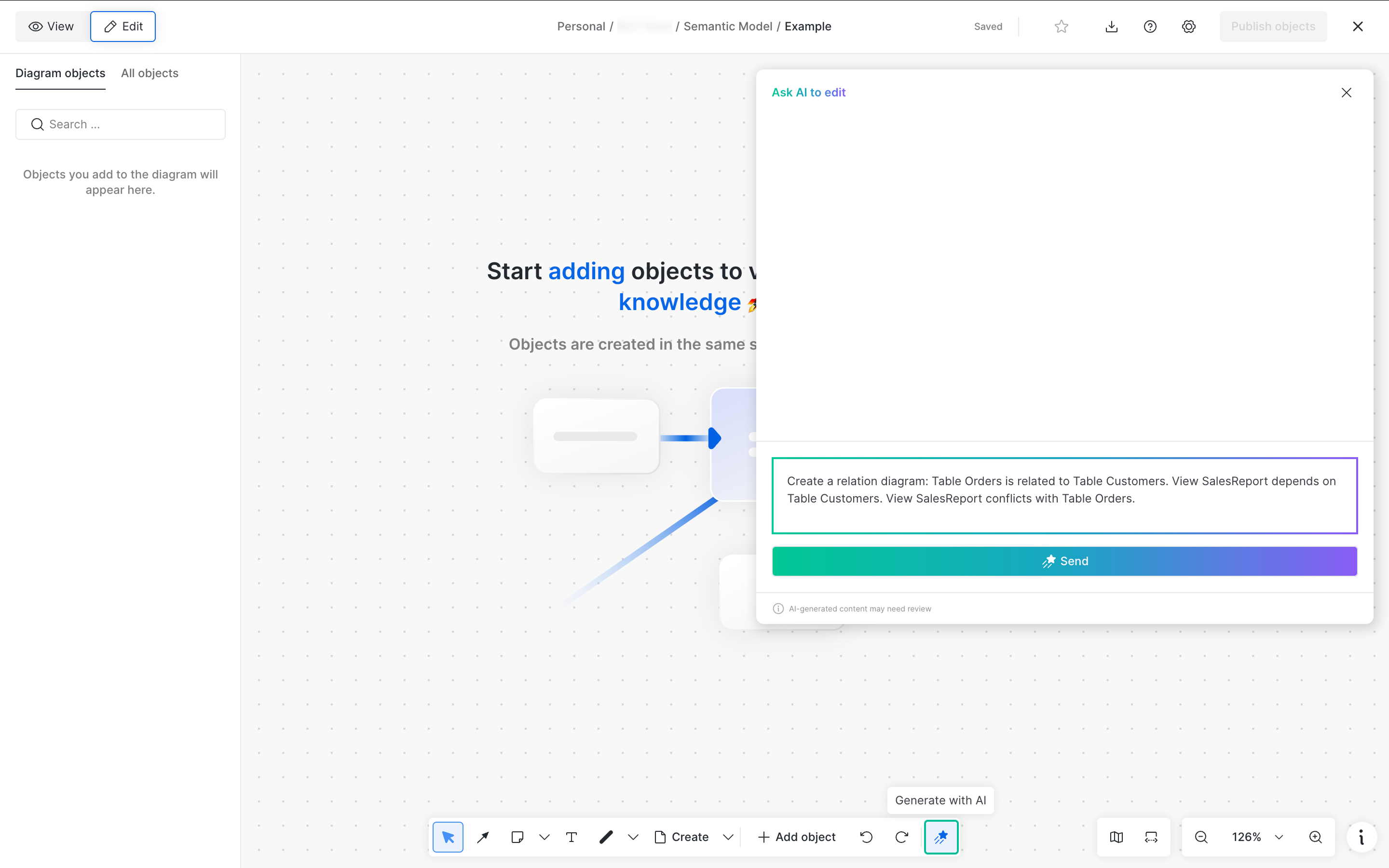 The Ask AI to edit panel open over a semantic model diagram, with a prompt describing the relations to create