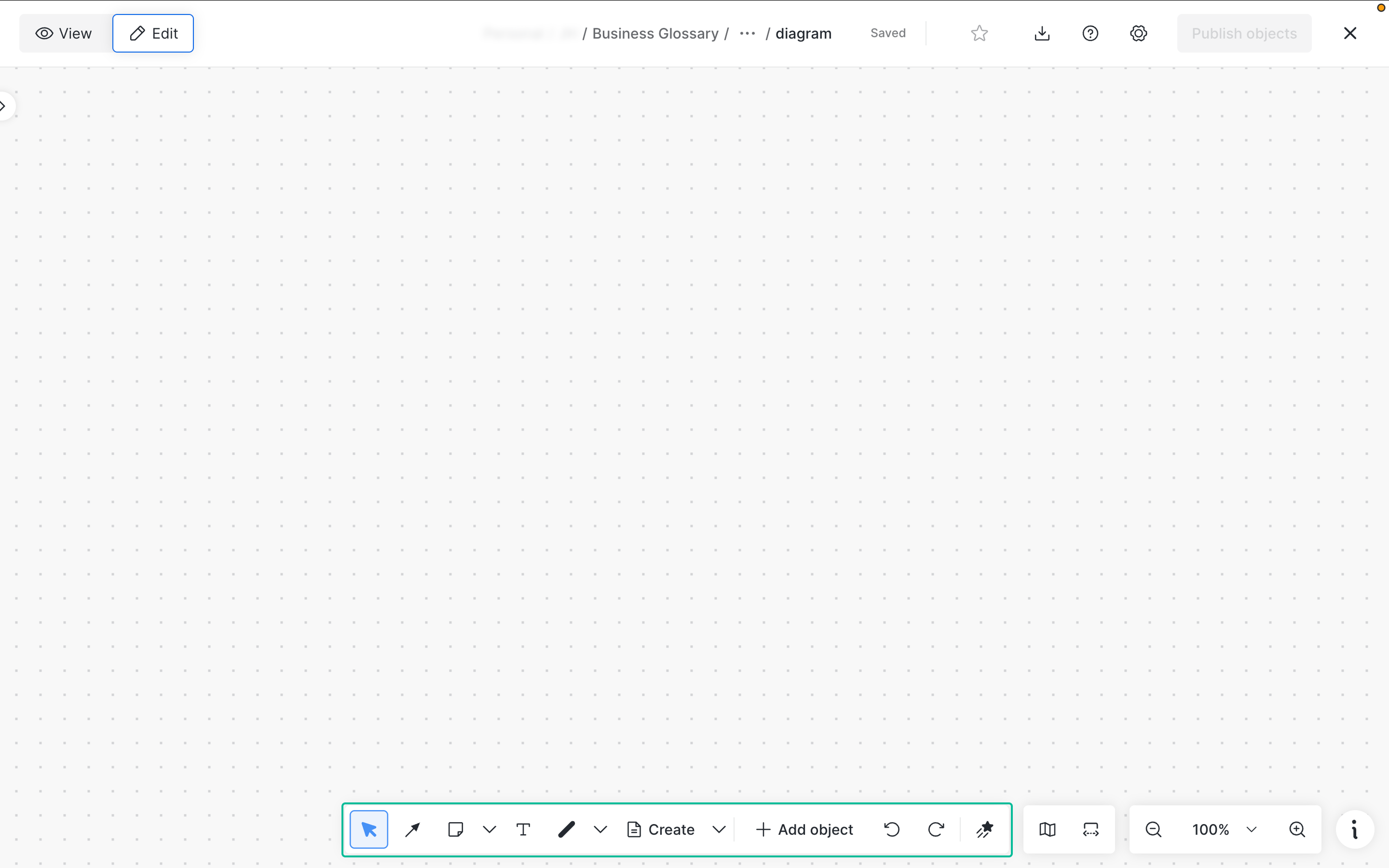 A diagram canvas in Edit mode with the bottom drawing toolbar open