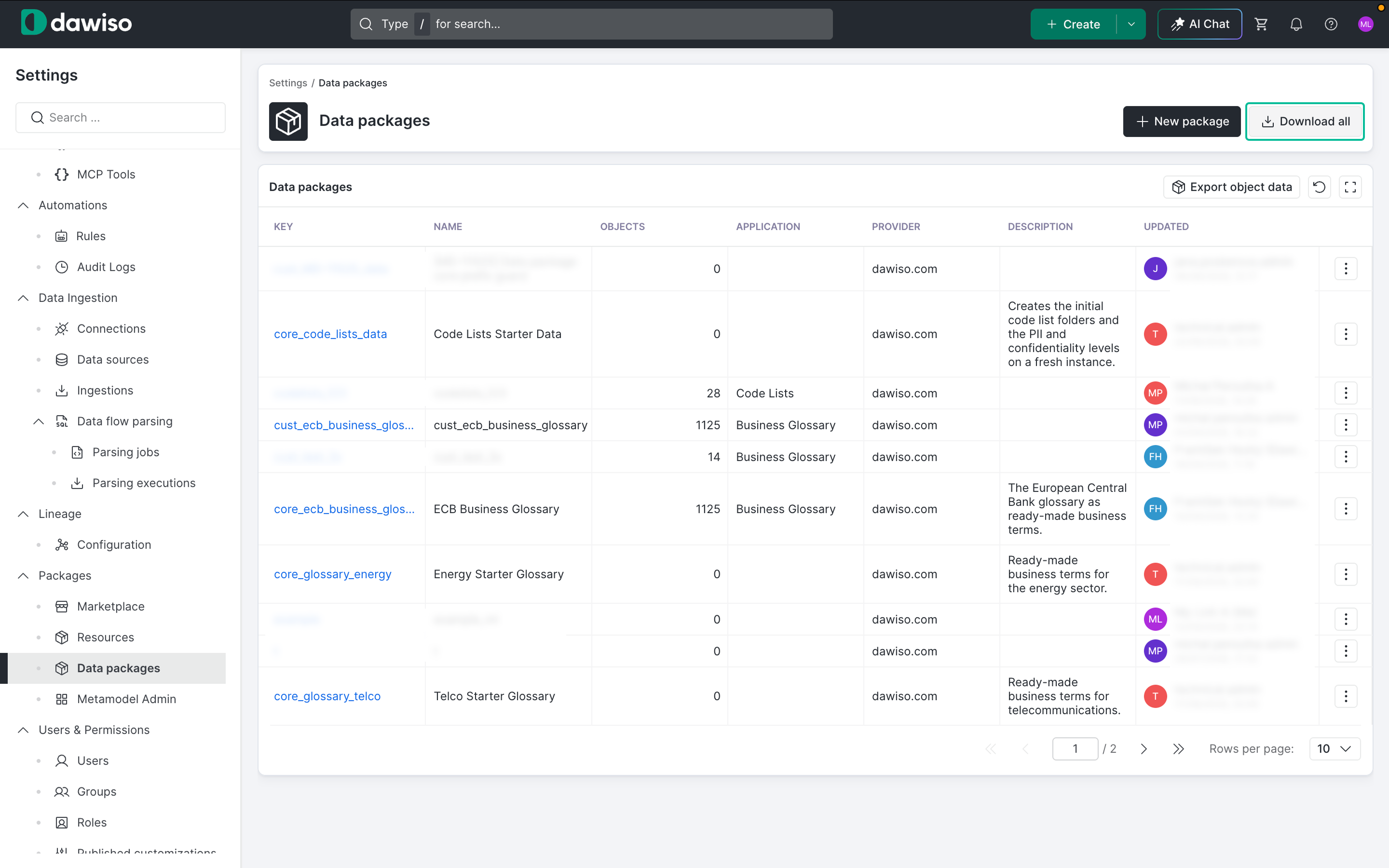 A packages list with a Download all button in the top-right corner