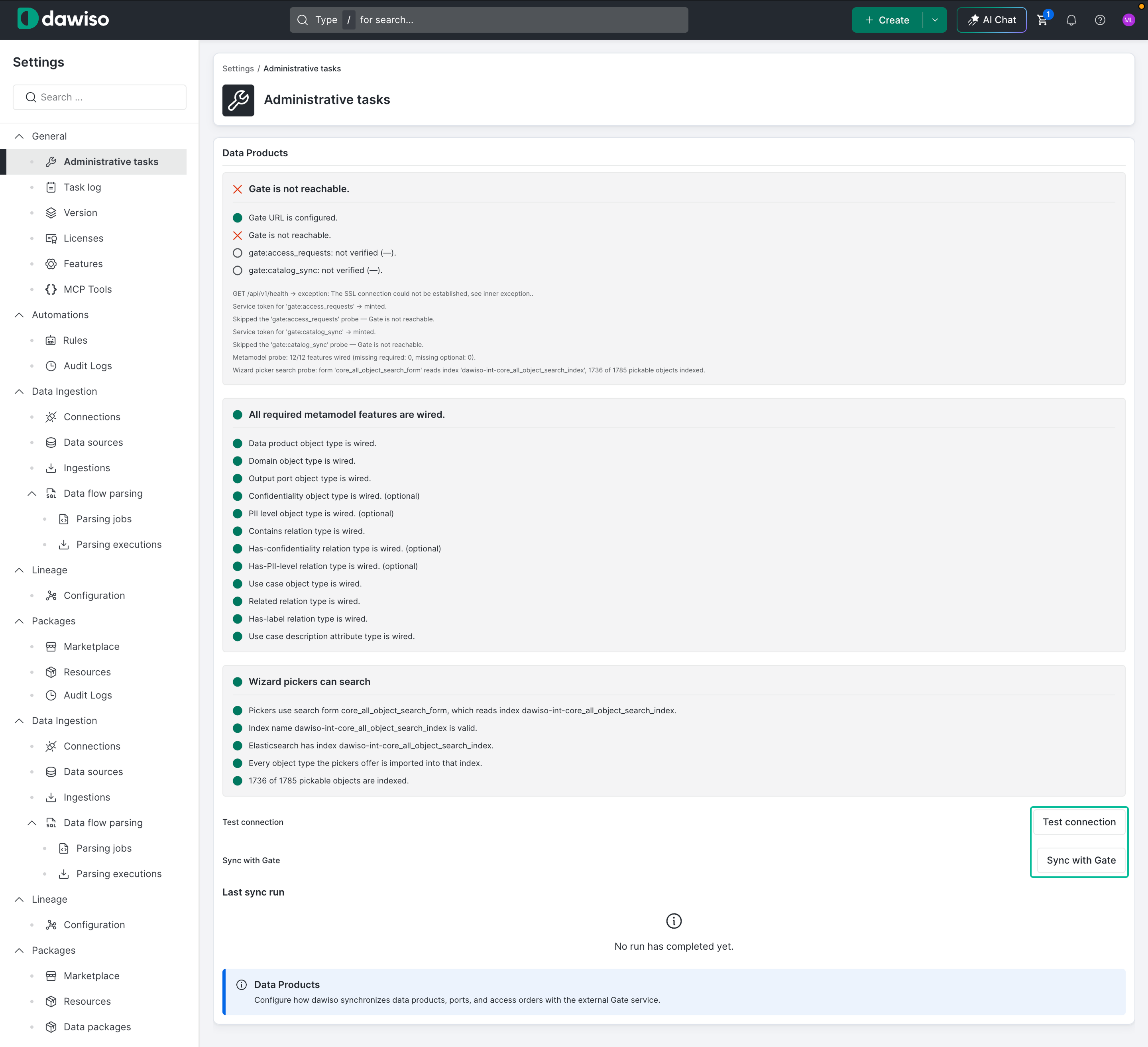 Data Products panel with Test connection and Sync with Gate buttons