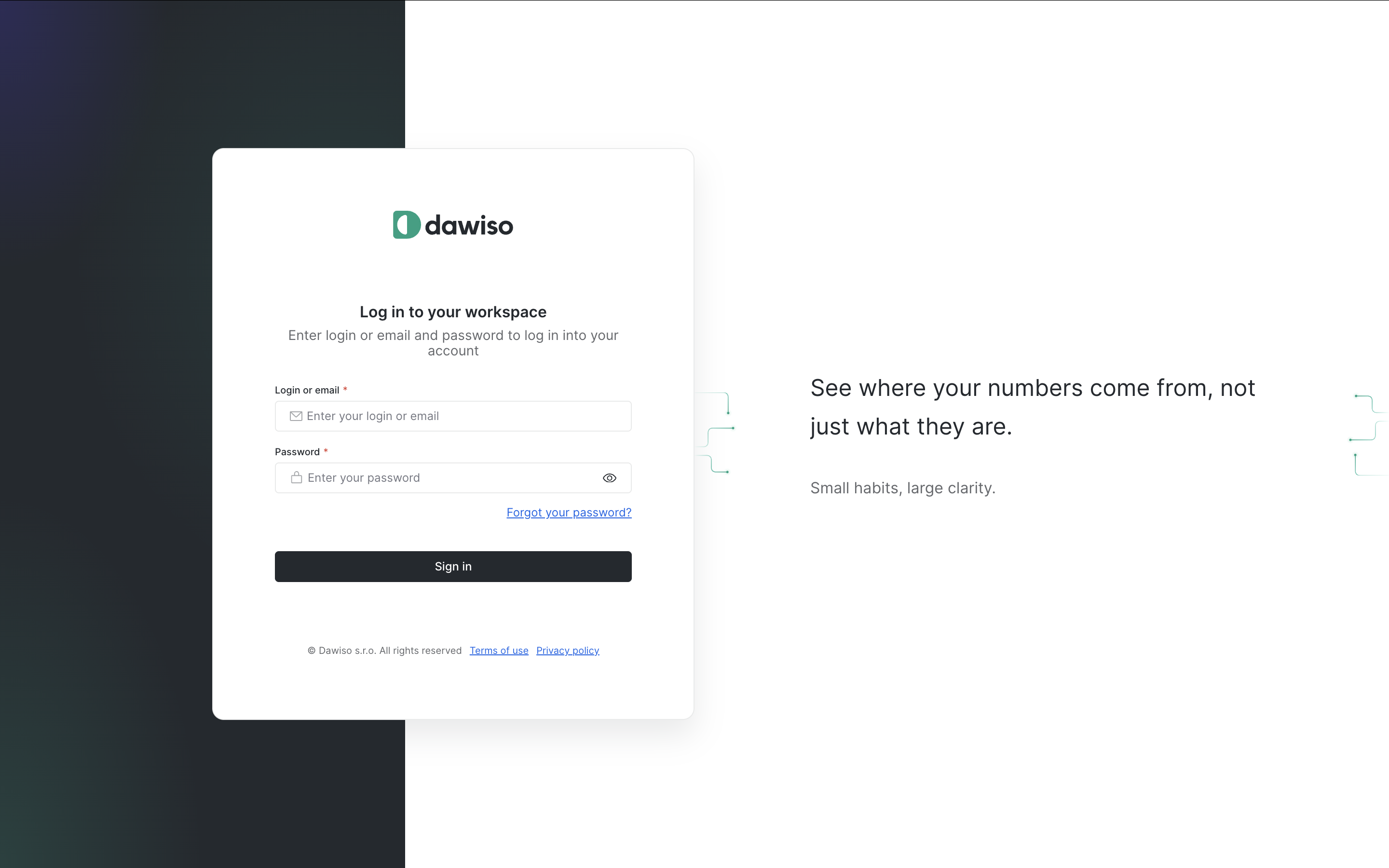 The redesigned Dawiso login page, with a rotating tagline and terms-of-use and privacy-policy links