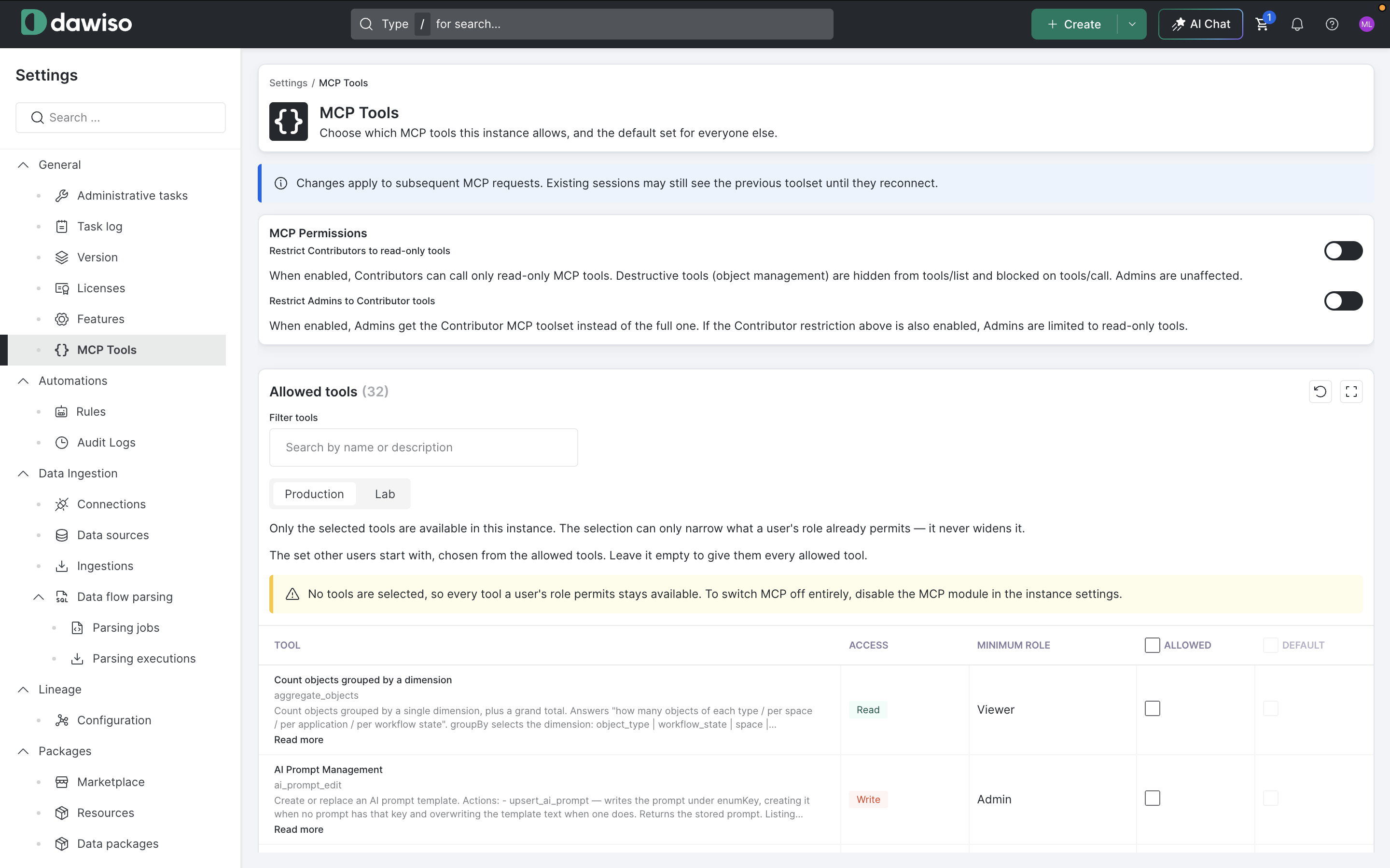 MCP Tools settings page with the MCP Permissions switches and the Allowed tools table