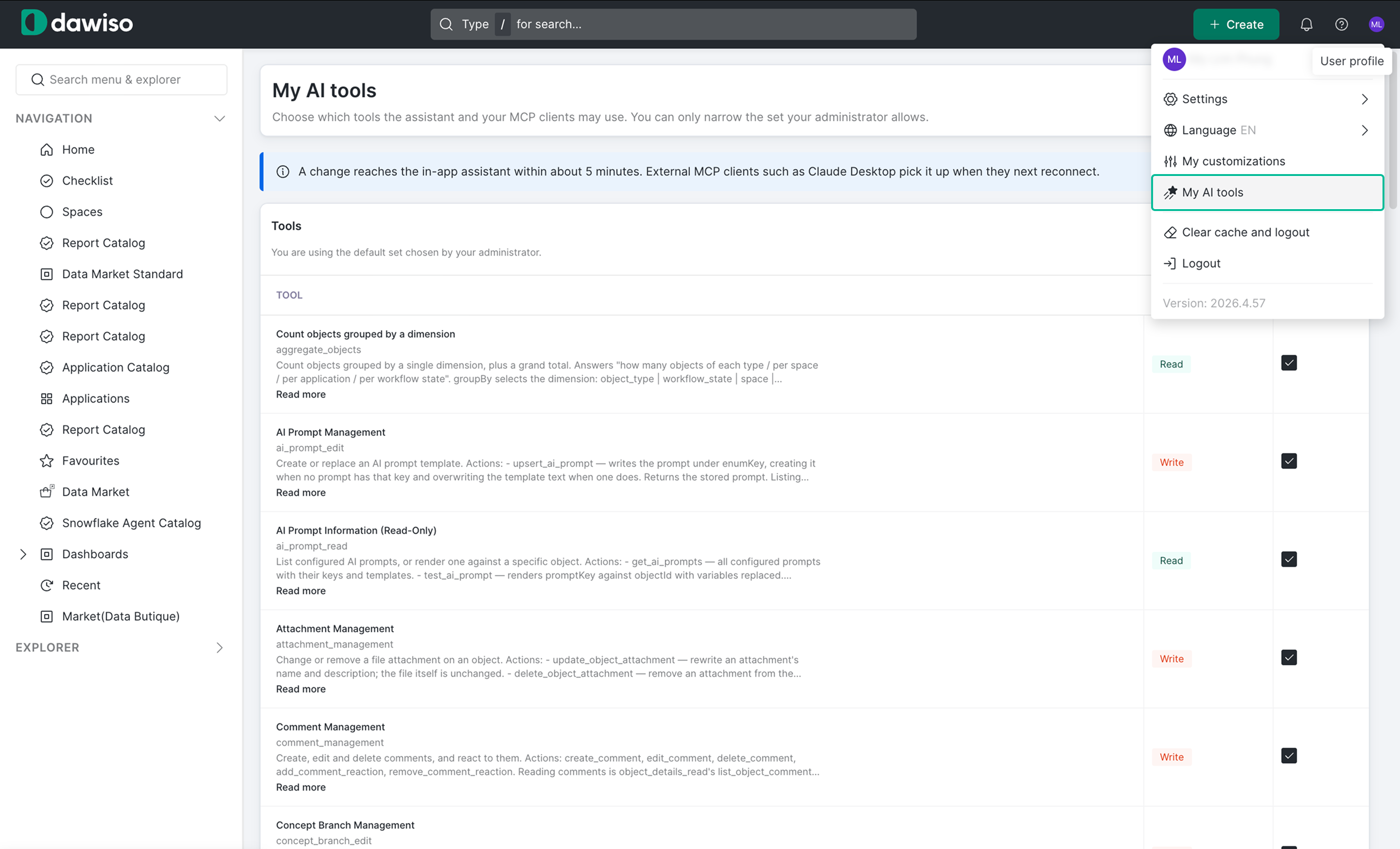My AI tools page listing available tools with their Read or Write access and an Add checkbox