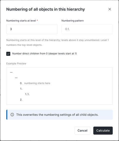 Numbering dialog with Number direct children from 0 checked