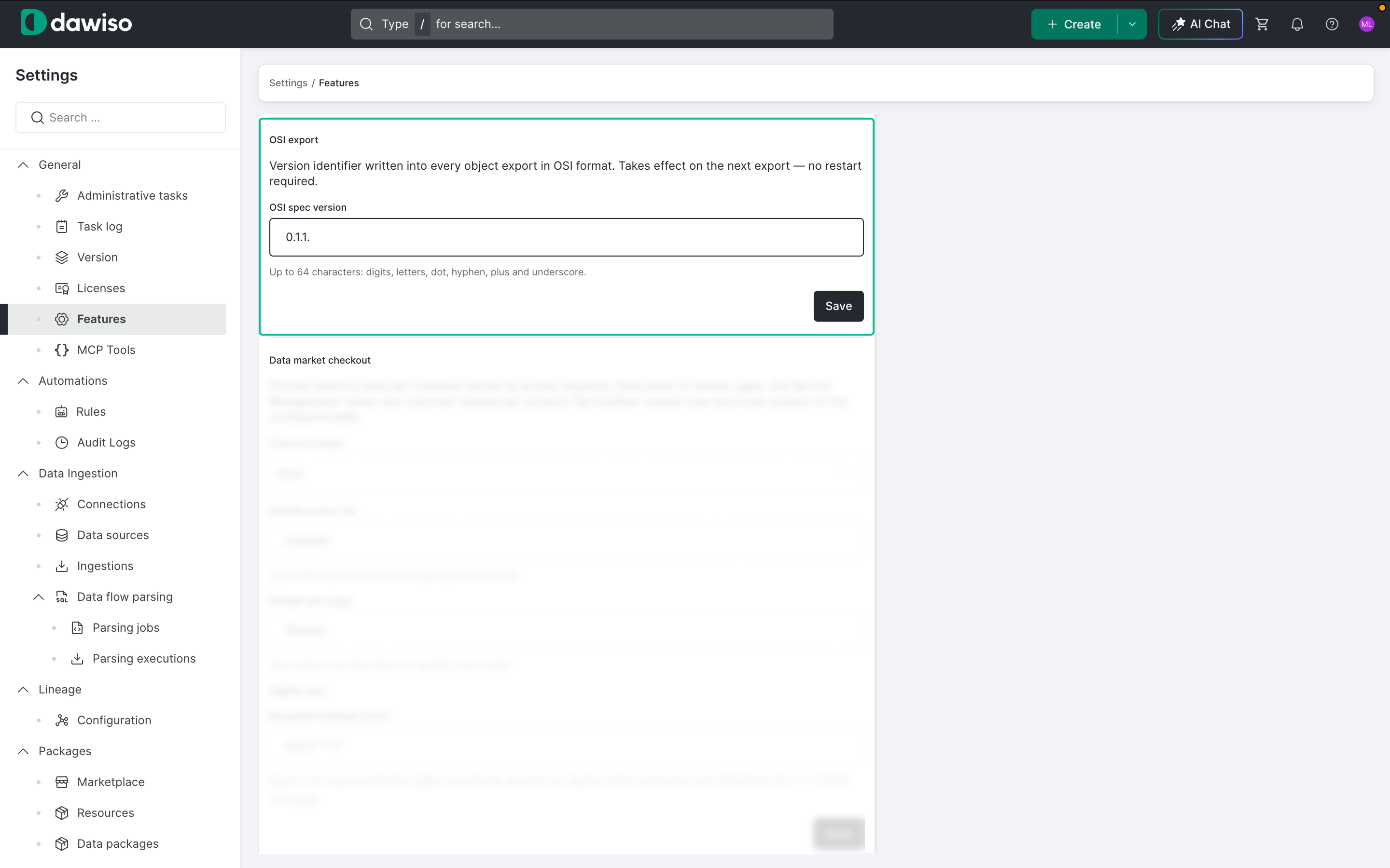 OSI export settings showing the OSI spec version field
