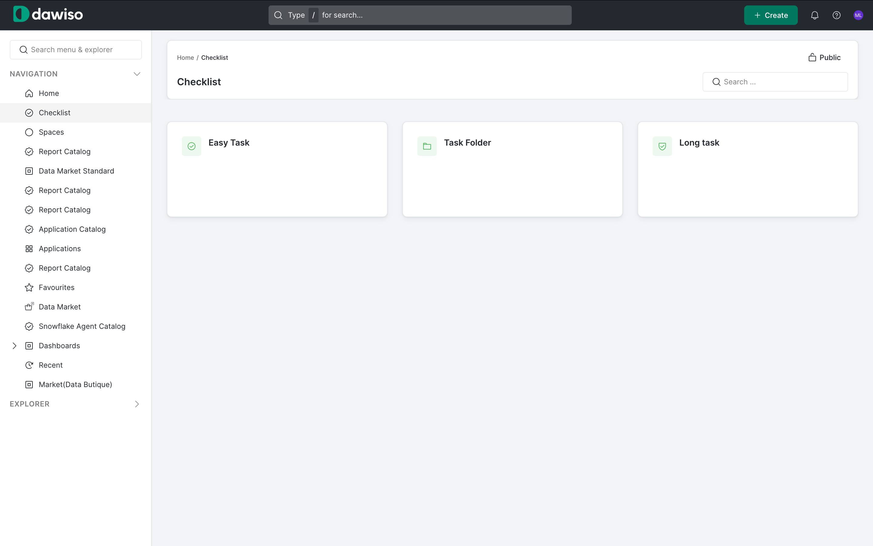 A Checklist app in the left navigation, with example checklist items