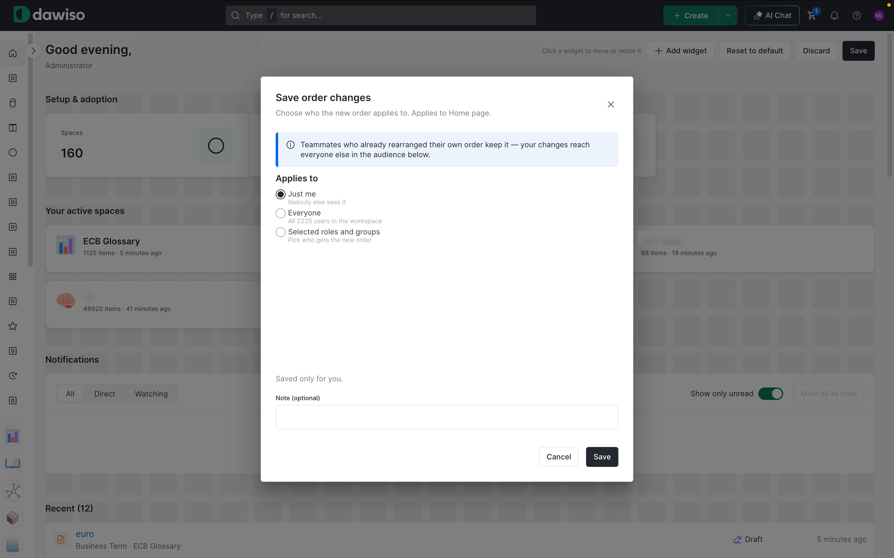 Save order changes dialog with Applies to options: Just me, Everyone, and Selected roles and groups