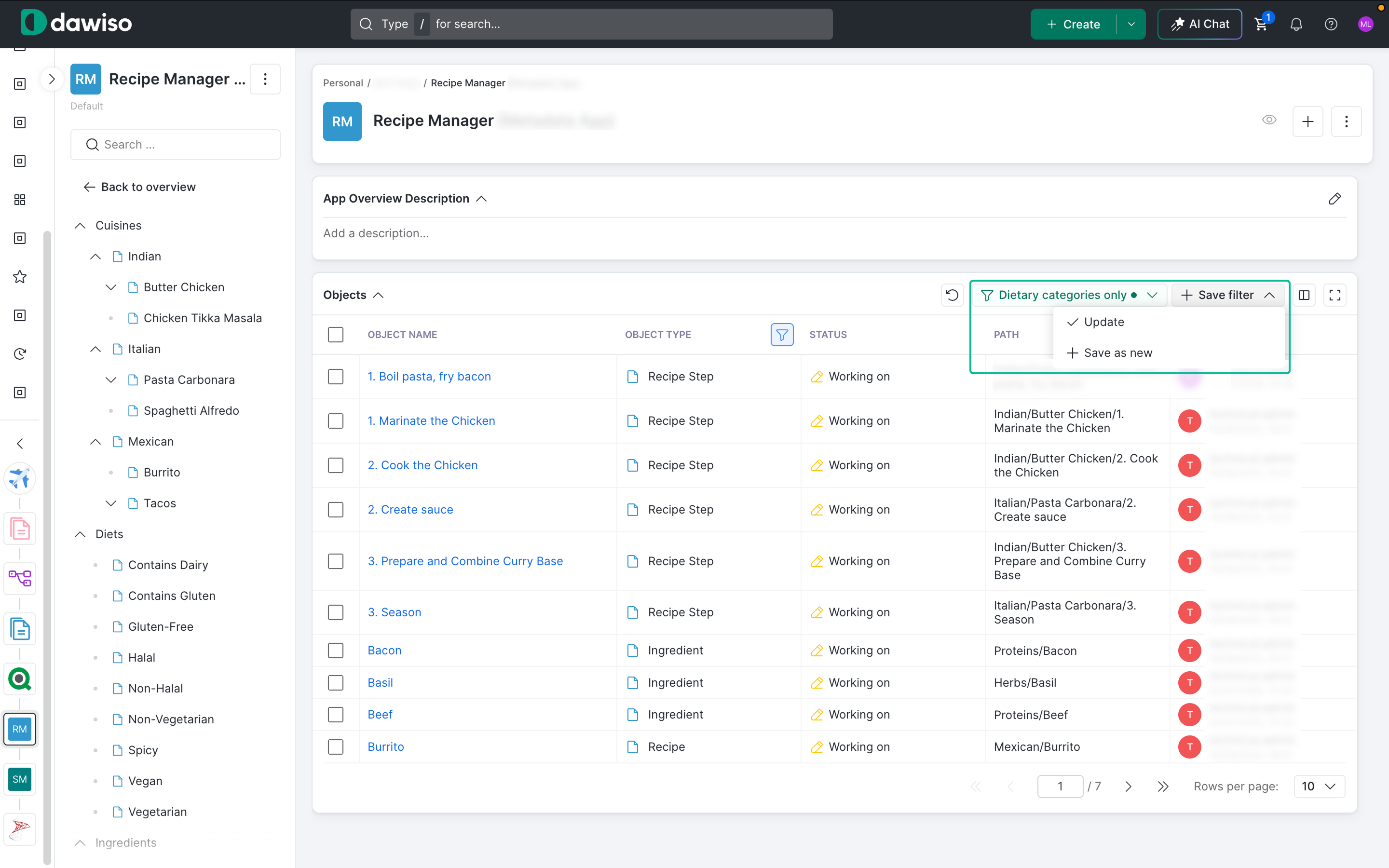 A saved filter's dropdown, showing Update and Save as new options