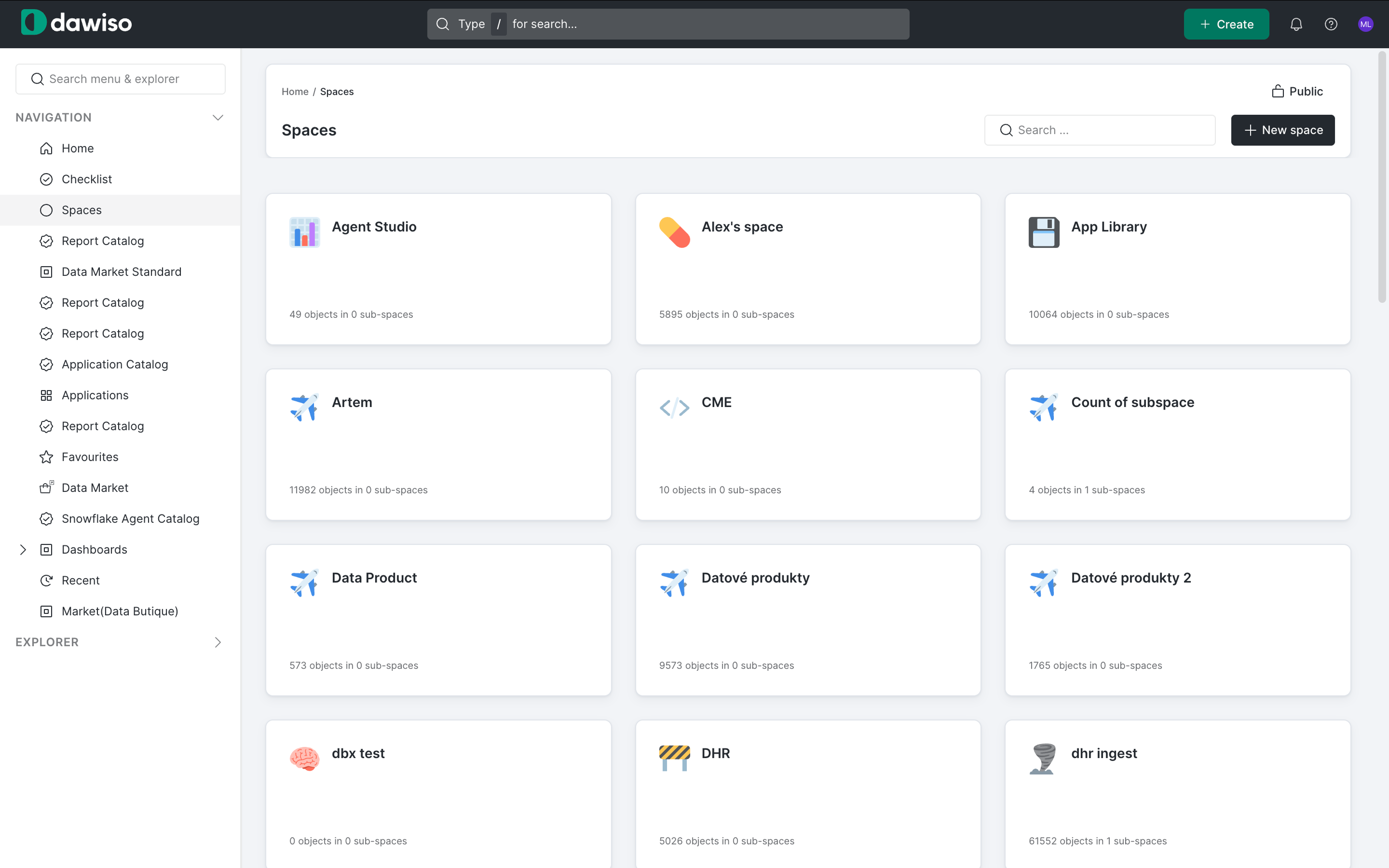 The Spaces list page with the New space button in the top-right corner