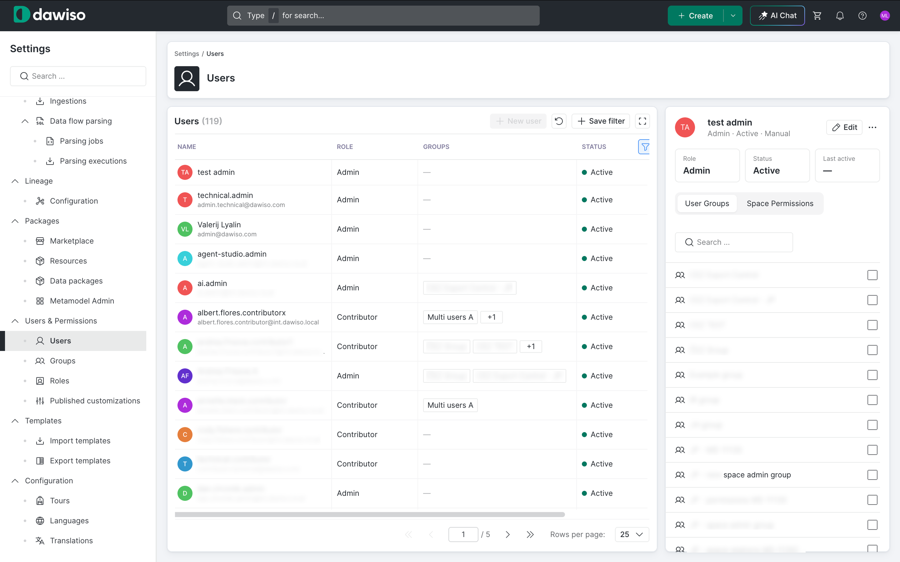 The Users screen with a user list on the left and the selected user's details, groups, and permissions on the right