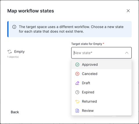Map workflow states dialog with a dropdown of target states for a state that doesn't exist in the destination workflow